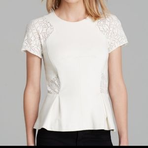 Rebecca Taylor White Lace Sleeveless Zip up Peplum Ponte Knit Blouse Top